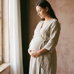 A pregnant woman standing by a window with her hands resting on her belly