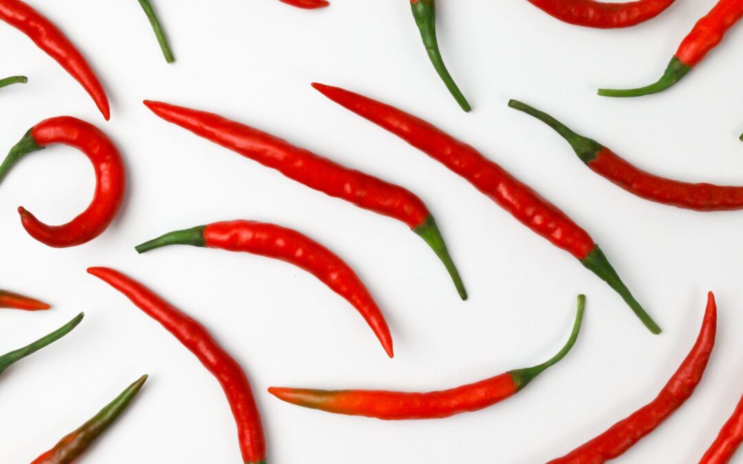 A cluster of glossy red chilli peppers photographed close up, the sharp heat that mirrors the fire quality of pitta dosha